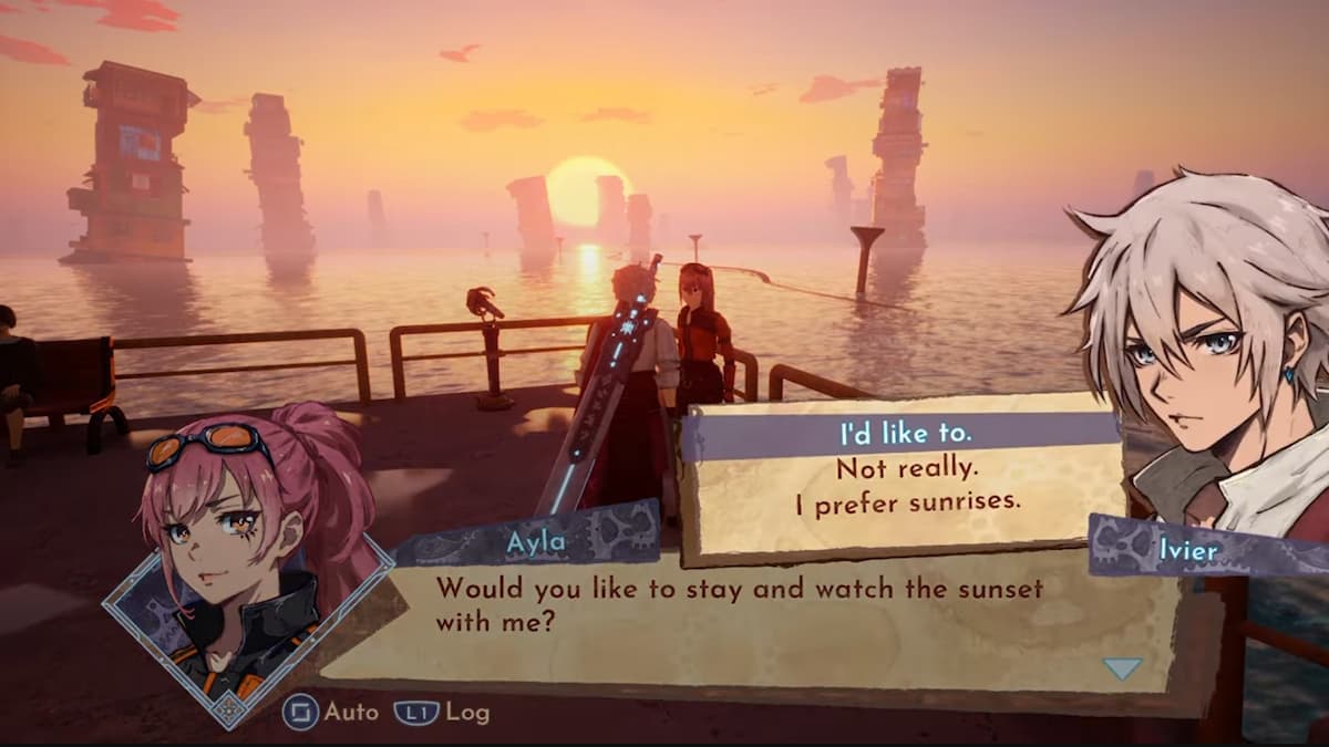 Une interaction entre le joueur et une fille aux cheveux roux nommée Ayla dans Runa.
