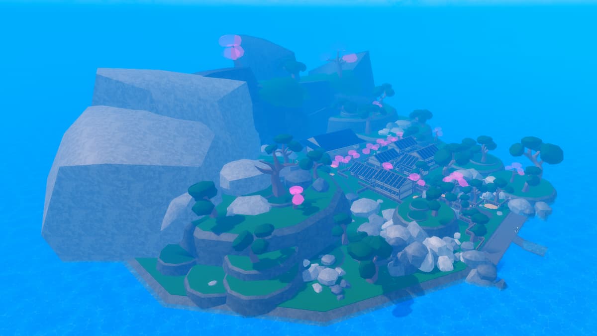 Vue d'ensemble de l'île One Sword Style avec village et grandes montagnes de pierre