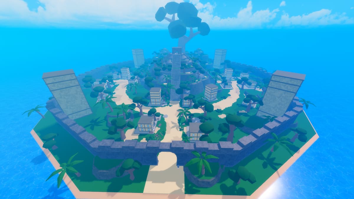 Ville fortifiée sur une île avec un temple et un grand arbre au centre
