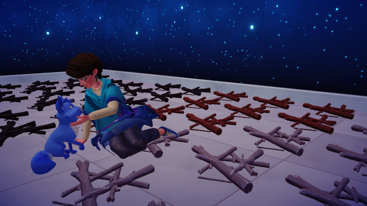 L'avatar Disney Dreamlight Valley, présentateur féminin, est assis sur le sol d'une pièce et caresse un compagnon renard bleu.  Ils sont entourés de bois de différentes couleurs, dans une pièce de la maison cadeau dotée d'un papier peint étoilé. 