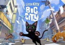 Black cat leaps down the city streets in Little Kitty Big City
