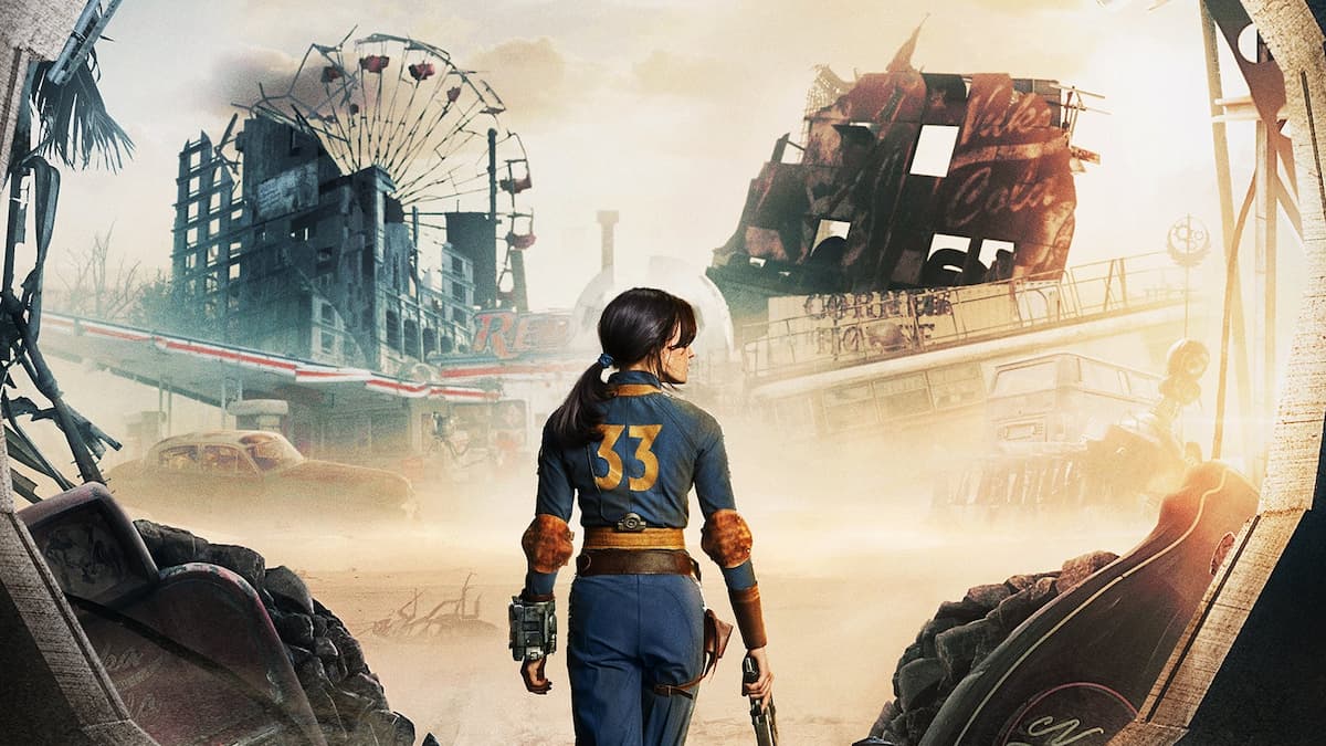 Affiche de la série télévisée Fallout Lucy avec des images de bâtiments en ruine