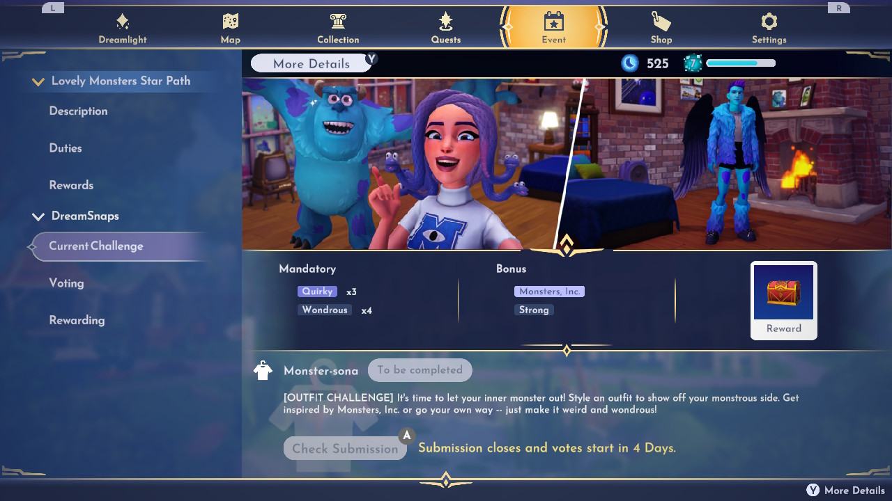 Une capture d'écran du menu de soumission DreamSnaps dans Disney Dreamlight Valley montrant le défi Monster-sona du 17 avril 2024. L'image d'exemple montre un avatar présentant une femme prenant un selfie avec Sulley de Monster's Inc.