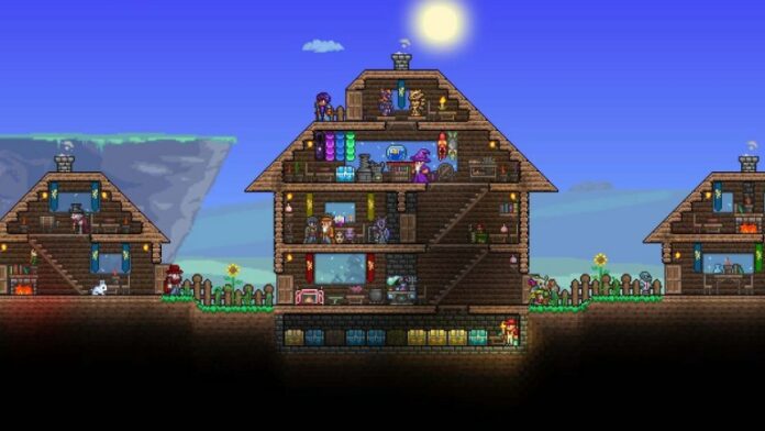 Three houses stands next to each other in Terraria