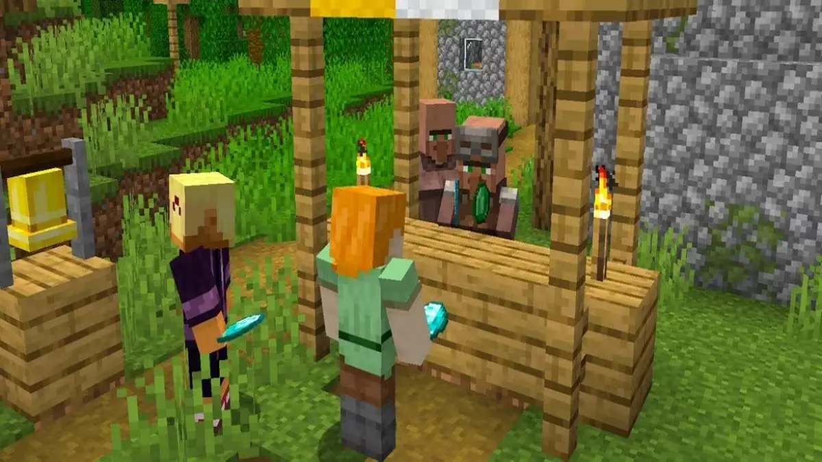 Deux joueurs de Minecraft font du commerce avec les villageois locaux.