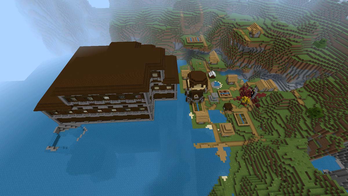 Manoir avec village et avant-poste de pilleurs dans Minecraft