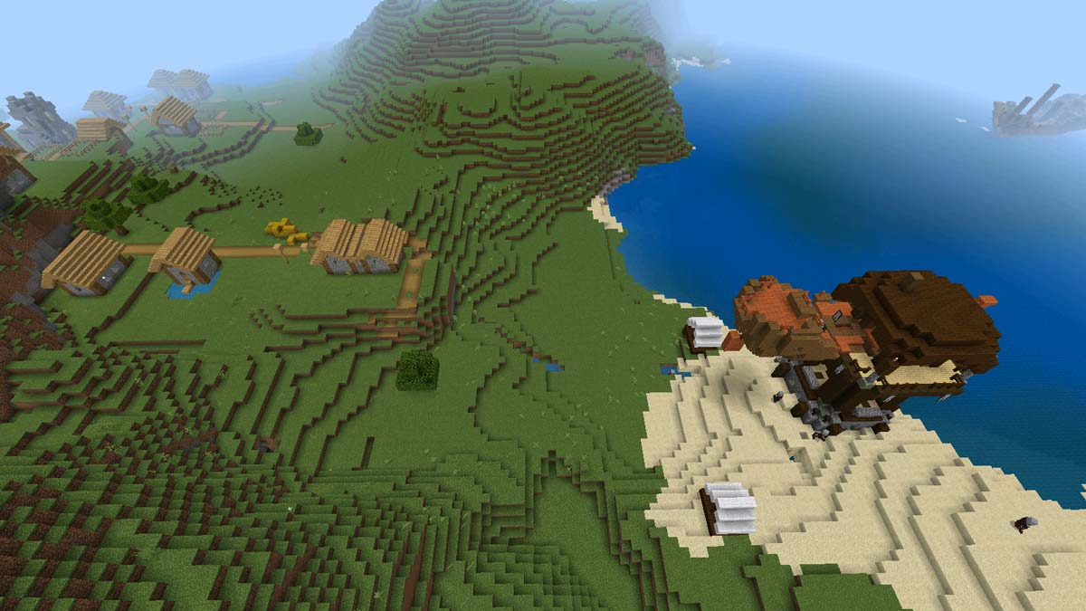 Village avec avant-poste de pilleurs et naufrage dans Minecraft