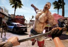 Promo image for Dead Island 2, showing a large hulking zombie about to punch the player in Venice Beach.
