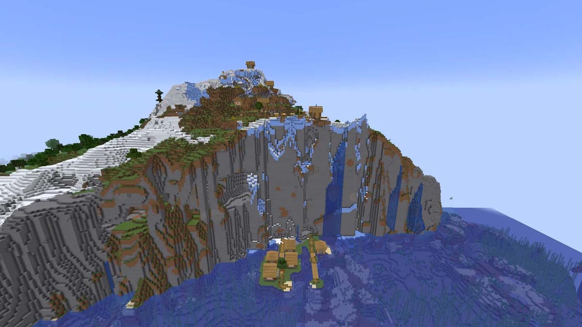 Village à flanc de falaise sur des pentes enneigées dans Minecraft