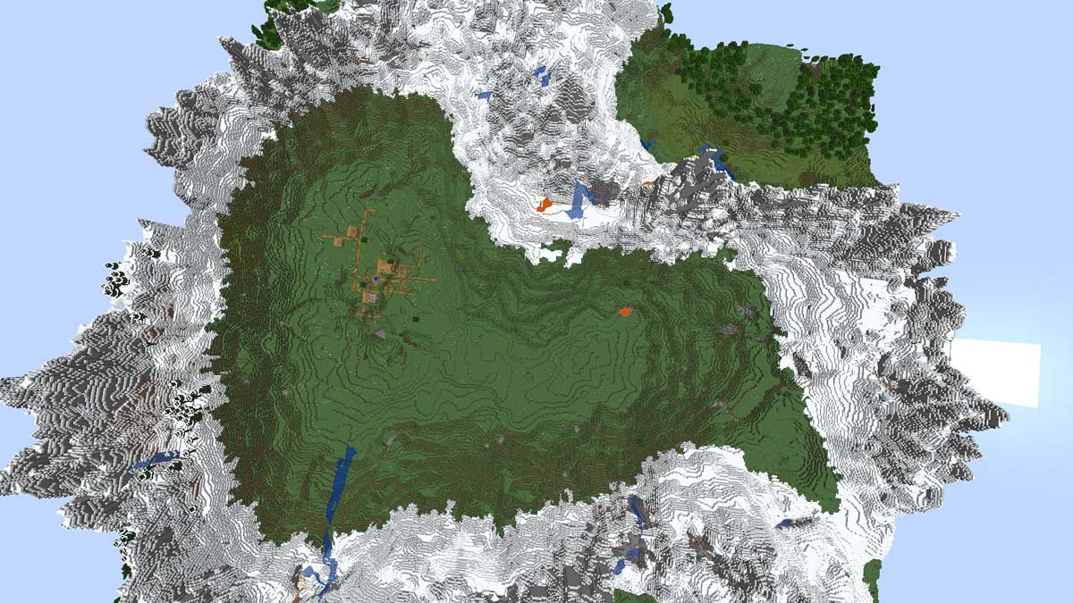Village à l'intérieur d'un anneau de montagne dans Minecraft