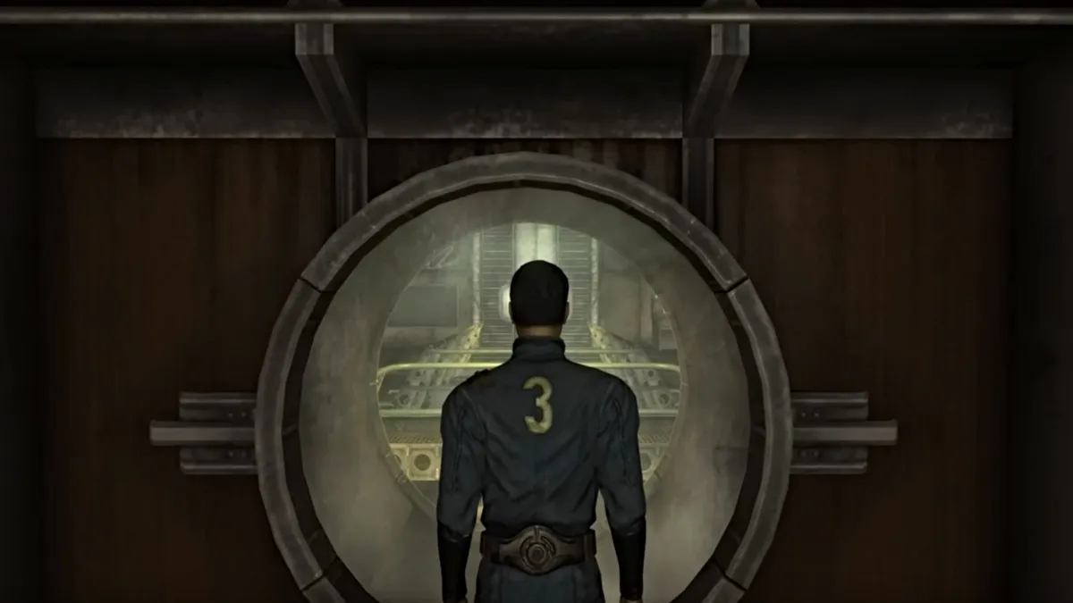 Fallout New Vegas, un PNJ résident de Vault 3 regardant par la fenêtre du bureau du surveillant
