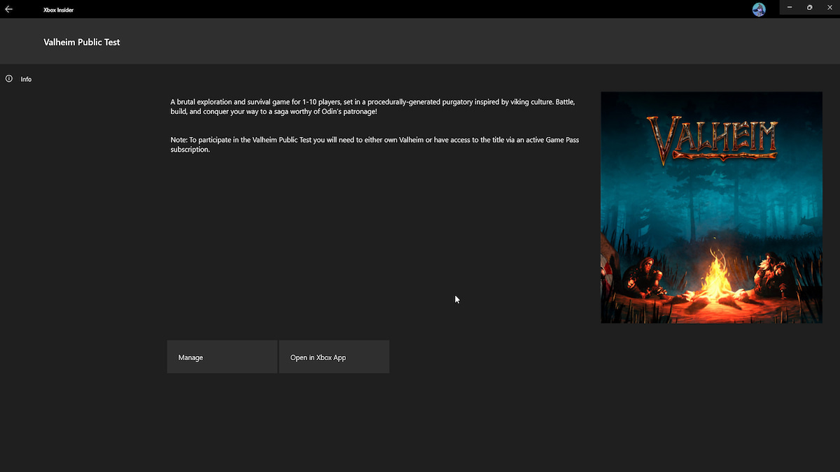 Xbox Insider Hub sur la page de test publique de Valheim tout en offrant les options de lancement via l'application Xbox