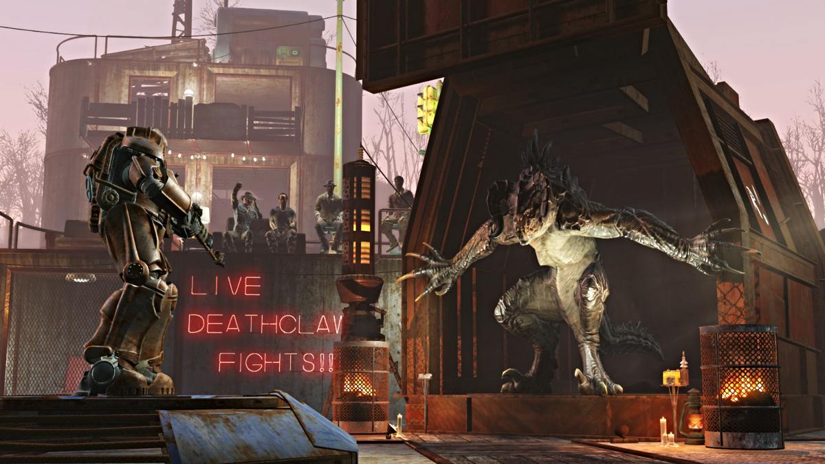 Fallout 4, un Deathclaw libéré d'une cage fabriquée pour combattre dans une arène