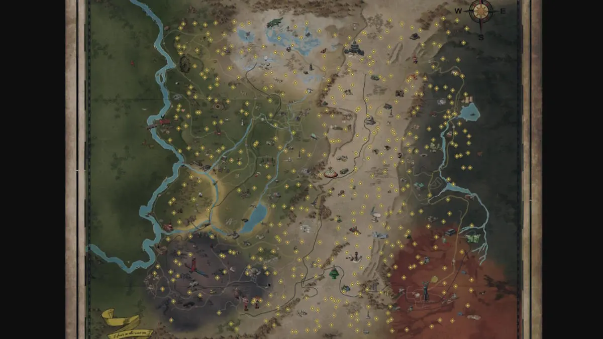 Carte montrant tous les emplacements potentiels des monstres de Flatwoods dans Fallout 76.