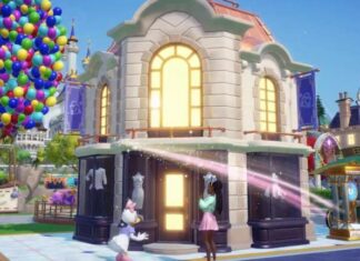 Daisy Duck and player standing in front of a building with mannequins in windows