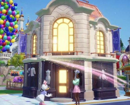 Daisy Duck and player standing in front of a building with mannequins in windows