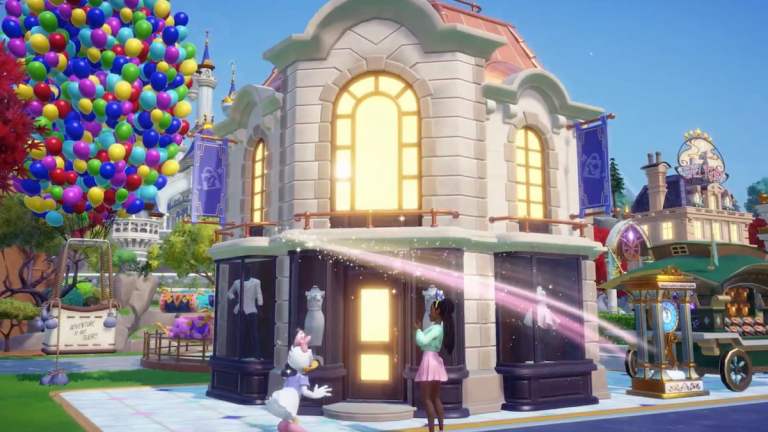 Daisy Duck and player standing in front of a building with mannequins in windows