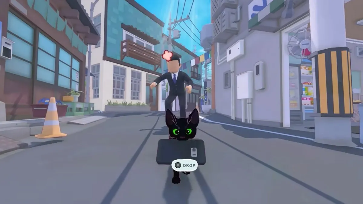 Une capture d'écran de la bande-annonce officielle de Double Dagger Studio.  L’image montre un salarié courant après un chat noir avec un téléphone portable dans la bouche. 