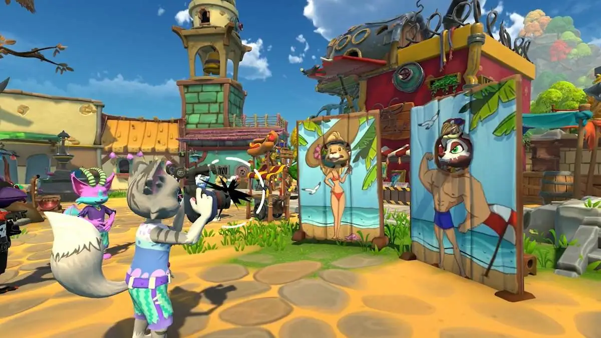 Une capture d'écran de la bande-annonce de gameplay de Critter Cove.  L'image montre des touristes animaux se faisant prendre en photo sur des planches découpées sur la plage.  L'animal qui prend la photo tient un appareil photo et il y a un clocher au loin. 