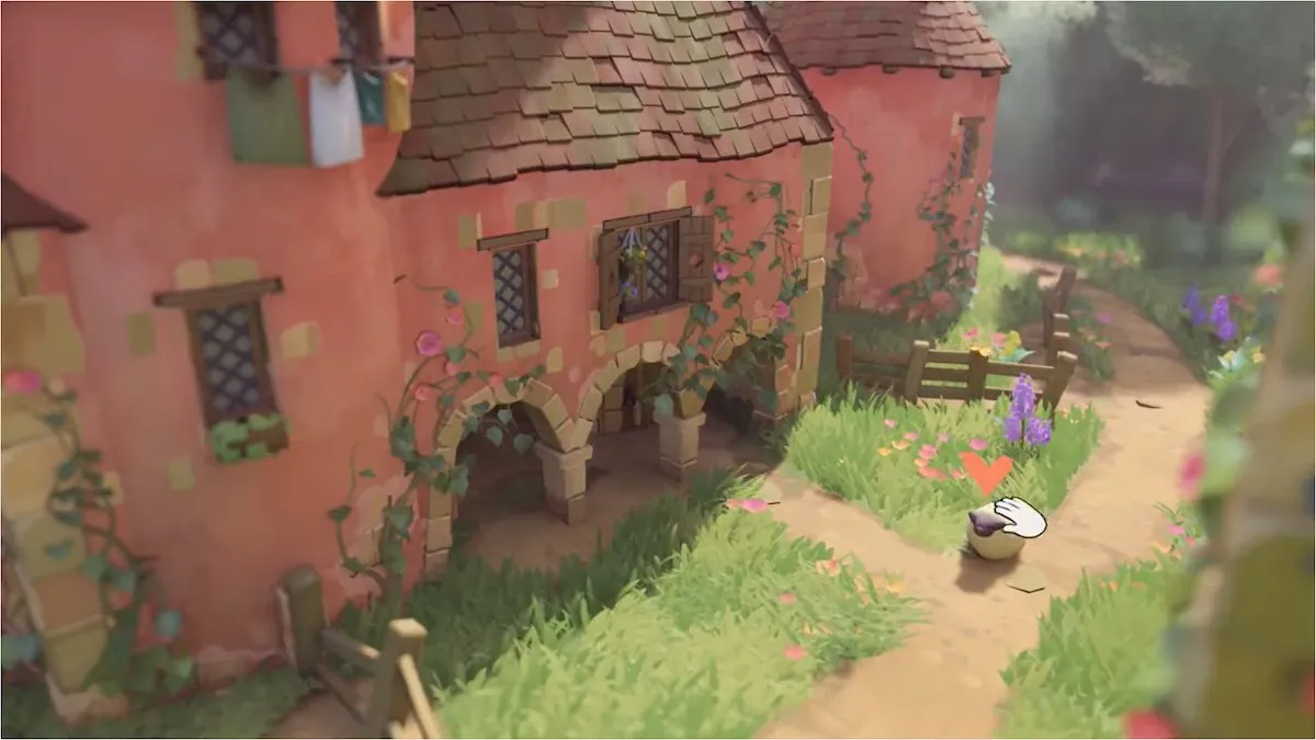 Une capture d'écran du gameplay officiel du développeur Pounce Light.  L'image montre le jeu en mode construction, avec une main blanche flottante caressant un mouton.  La grande maison de gauche est rose, avec plusieurs fenêtres et trois arches à l'entrée. 