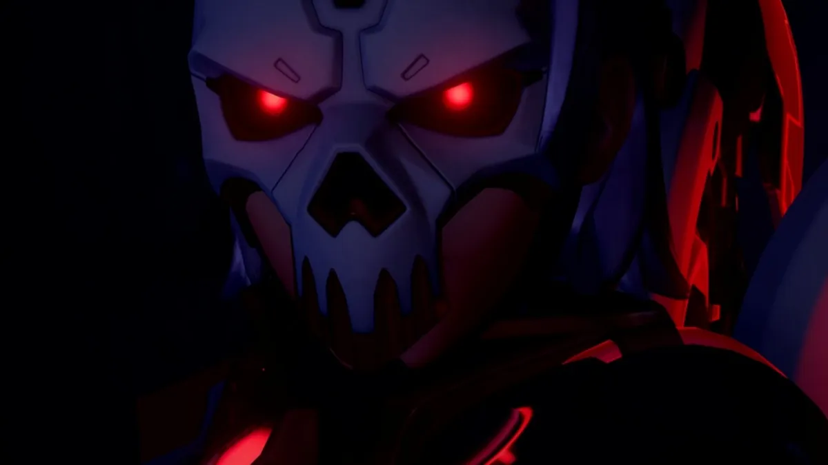Capture d'écran montrant un gros plan du nouveau skin Vengence de Mercy.  Elle porte un masque de compétence et a des yeux rouges brillants.