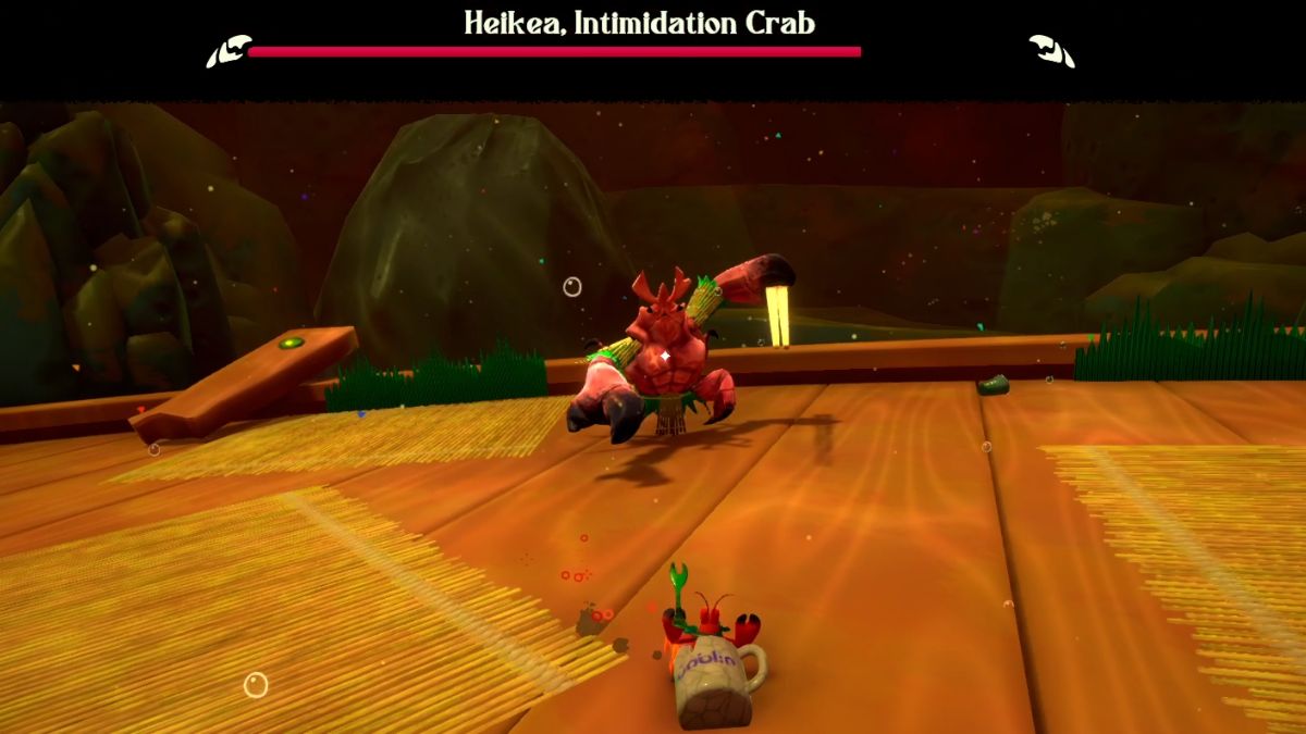 Heikea combattant Kril à la porte du village dans Another Crab's Treasure