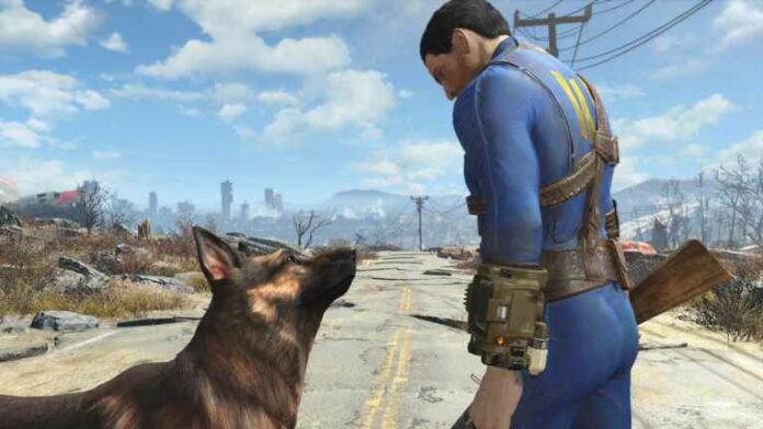 Character looking at Dogmeat in the Commonwealth.