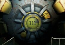 The metal door covering the entrance to Vault 111, the number visible in the center of the door.