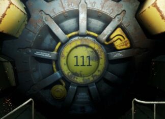 The metal door covering the entrance to Vault 111, the number visible in the center of the door.