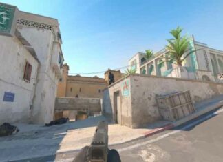 Dust 2 in CS2, A site, T aiming at a CT
