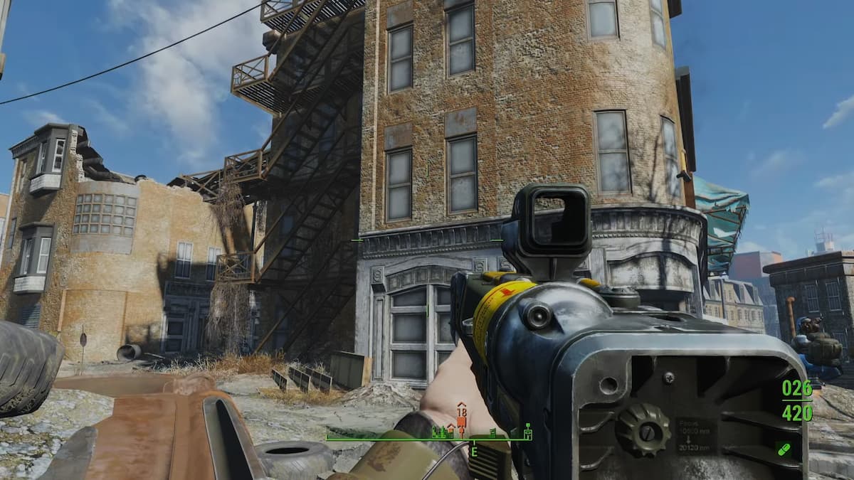 Le bâtiment dans lequel Marvin se trouve avec l'escalier de secours sur lequel vous pouvez grimper pour l'atteindre dans la quête When Pigs Fly de Fallout 4