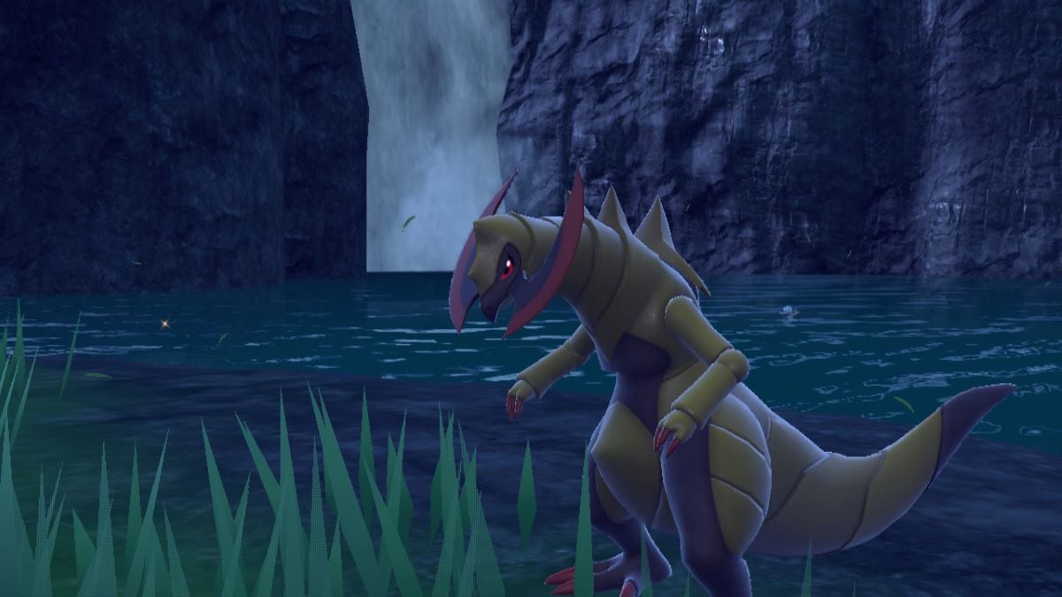 Haxorus près d'une cascade dans Pokemon Scarlet & Violet