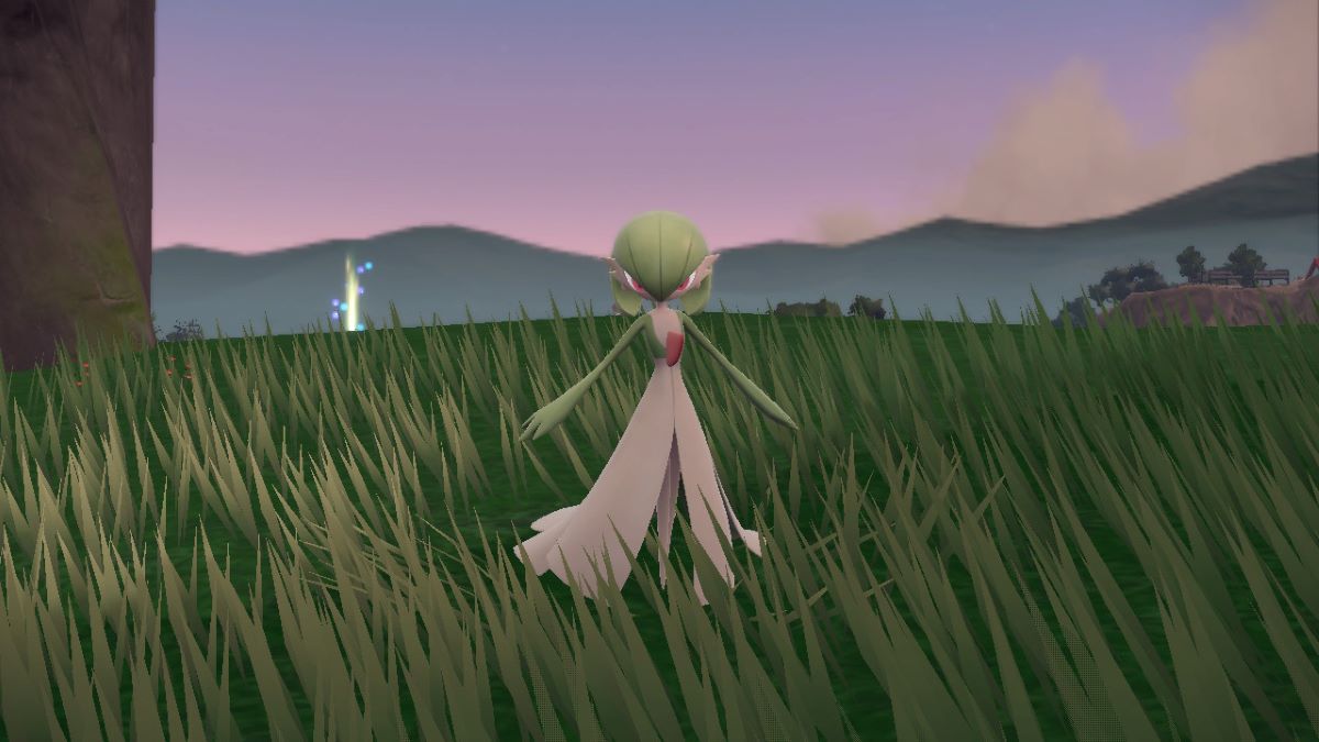 Gardevoir dans un champ au coucher du soleil dans Pokémon Écarlate & Violet