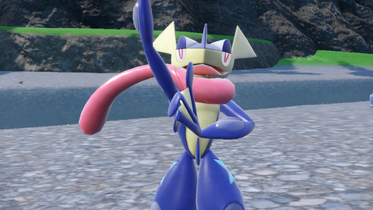 Greninja pose dans Pokémon Écarlate et Violet