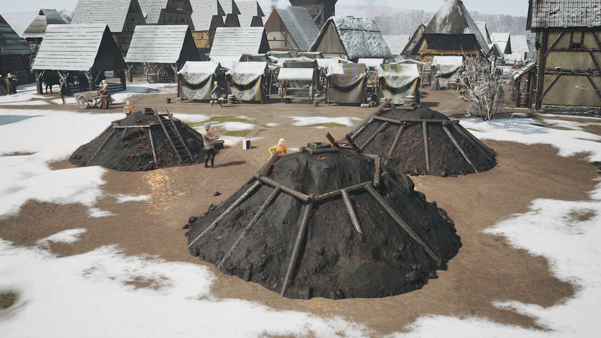Les villageois créent du charbon de bois dans un four à charbon de Manor Lords