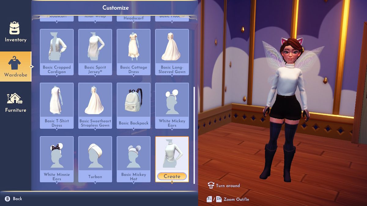 Capture d'écran du gameplay de Disney Dreamlight Valley montrant un avatar féminin aux cheveux courts et bruns, debout dans leur maison.  Il y a un menu ouvert sur la gauche montrant les différentes options vestimentaires pour l'outil Touch of Magic.  L'avatar porte un col roulé blanc, prêt à être personnalisé. 