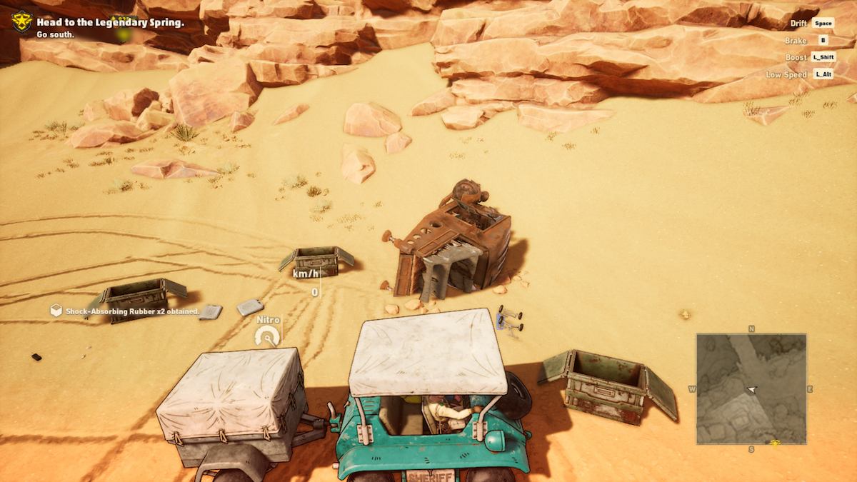 Une capture d'écran du gameplay de Sand Land montrant le véhicule du joueur à proximité d'un autre véhicule sur le côté, clairement là depuis un moment.  Il y a trois coffres ouverts autour du véhicule du joueur.