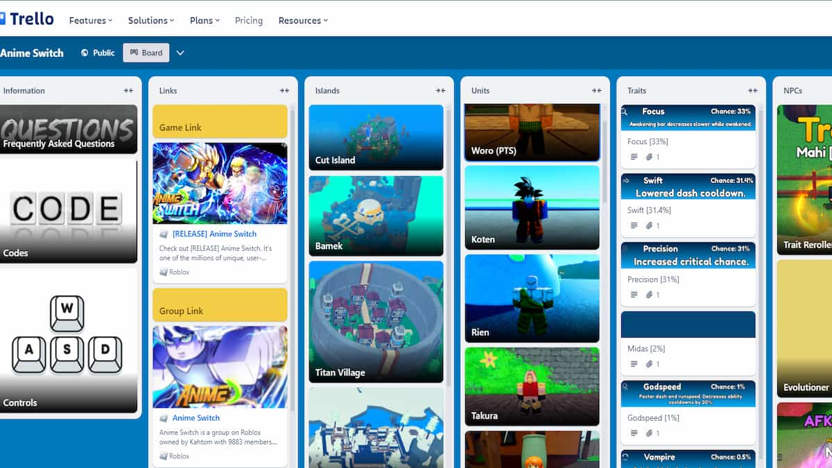 L'Anime Switch Trello avec plusieurs cartes