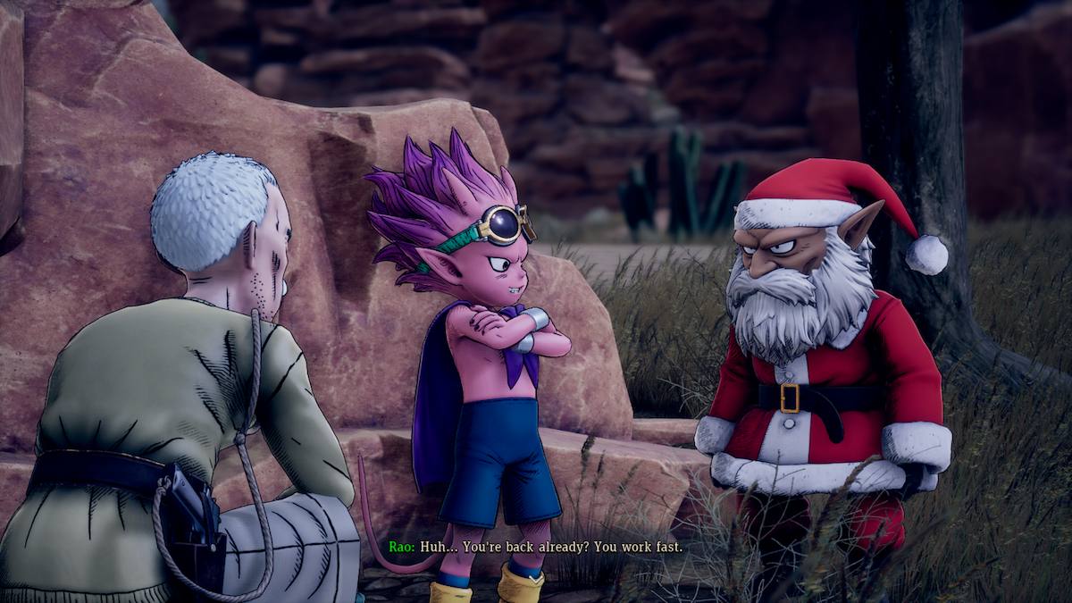 Une capture d'écran de Sand Land, montrant Rao, Beelzebub et Thief tous cachés derrière un rocher.  Le voleur est en tenue de Père Noël.
