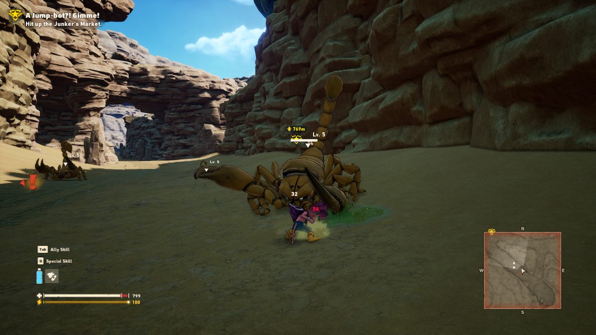 Une capture d'écran de Sand Land montrant Beezlebub combattant un scorpion dans une zone d'ombre.  Il y a une imposante paroi rocheuse en arrière-plan.
