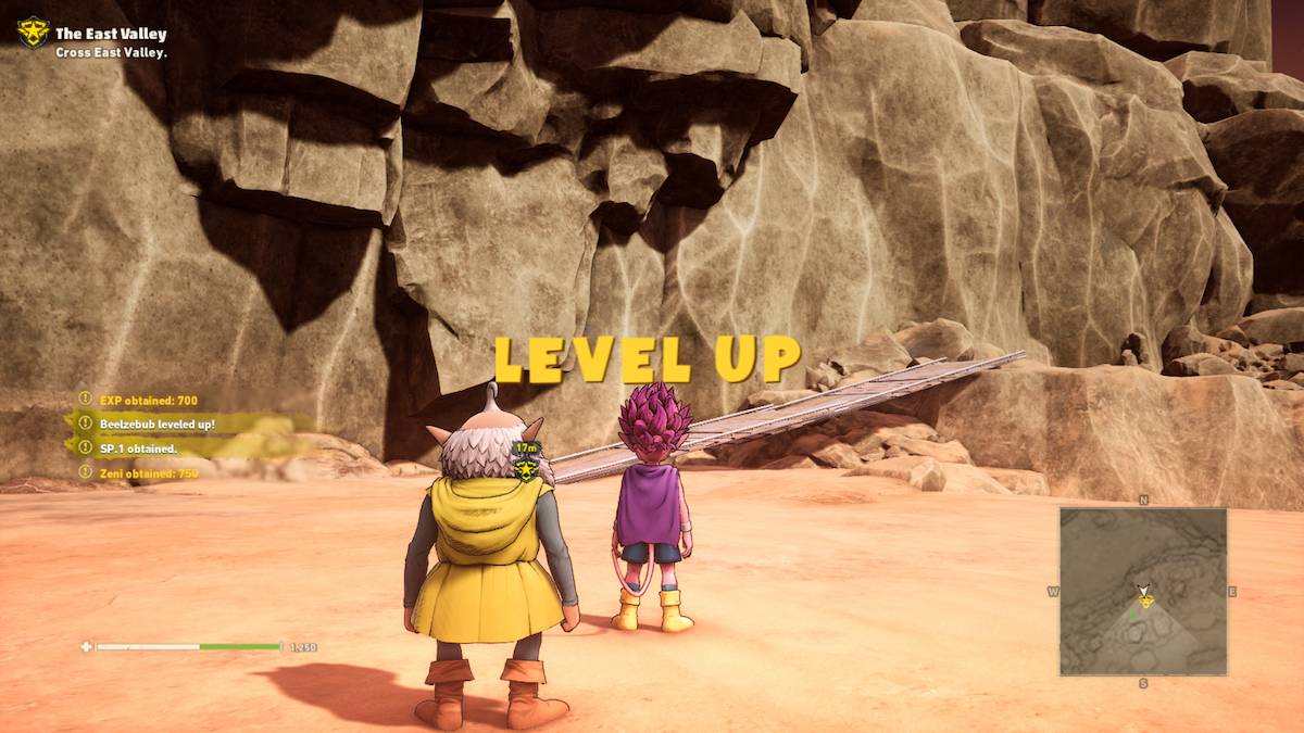 Une capture d'écran de Sand Land montrant une annonce "LEVEL UP" tandis que Thief et Belzebub se tiennent l'un près de l'autre, dos au joueur.