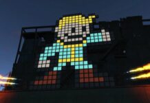 A pixelated art installation inside Fallout 4 representing the pip boy character.