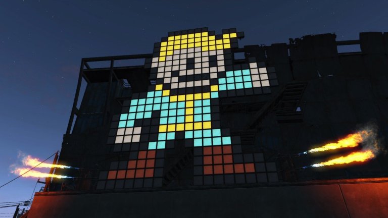 A pixelated art installation inside Fallout 4 representing the pip boy character.