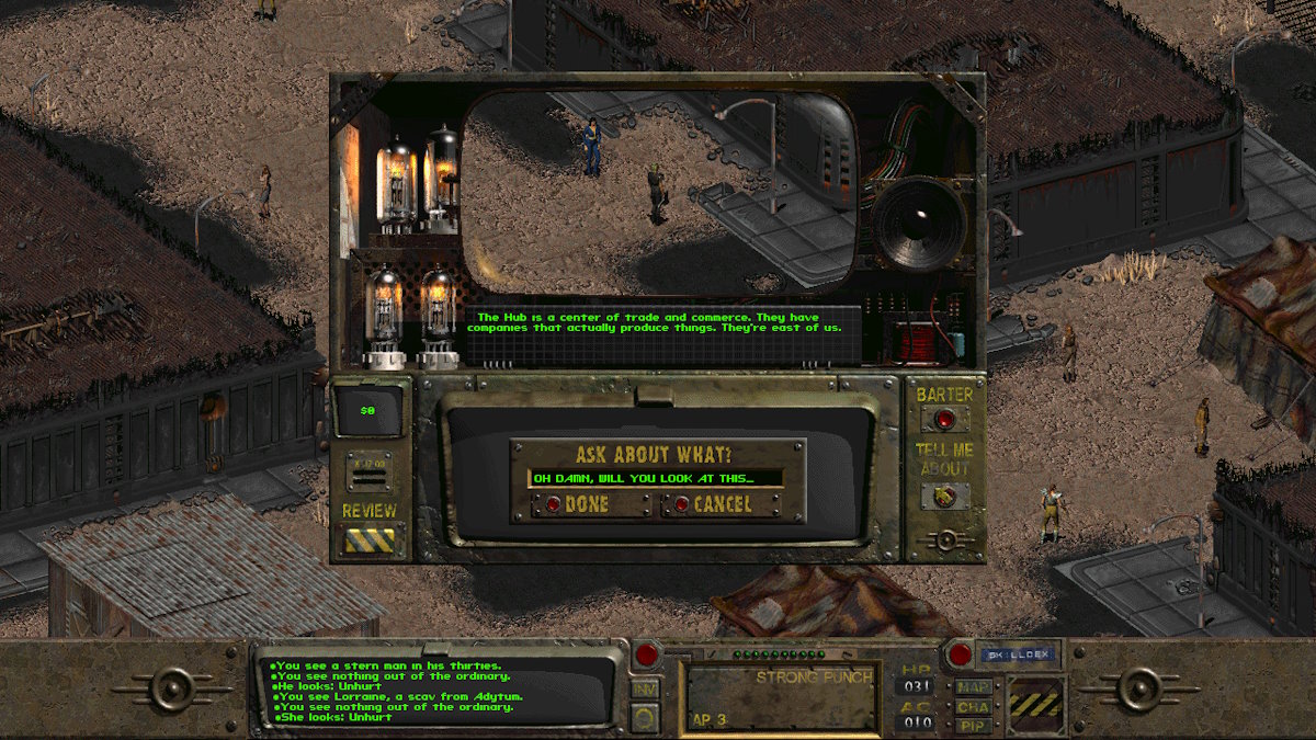Un écran de dialogue de Fallout 2 dans lequel le joueur peut écrire quoi demander.