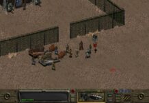 The protagonist and some of their companions walking in front of a gate in Fallout 1.