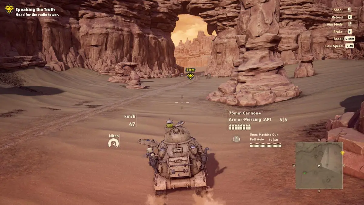 Un char militaire rond descendant une petite pente dans le désert, se dirigeant vers une ouverture au bout du chemin.  Il y a des falaises imposantes des deux côtés.