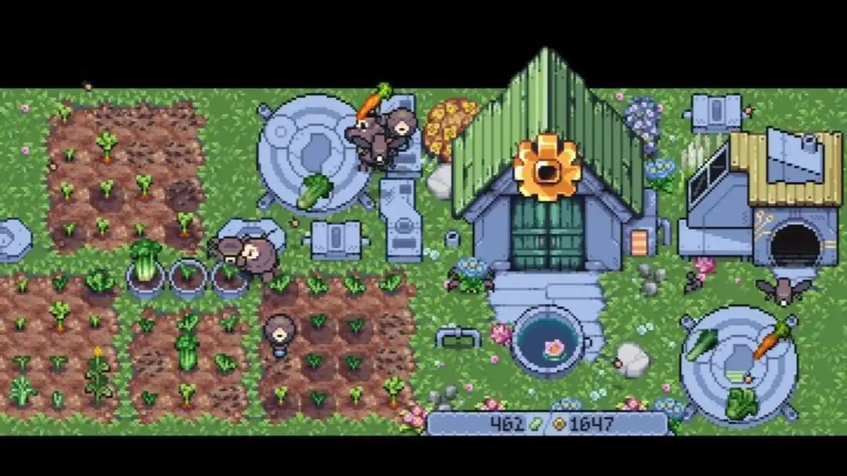 Une ferme de retraite Rusty avec deux convertisseurs de biocarburant, deux robots de biocarburant, deux robots de récolte et deux robots d'eau.