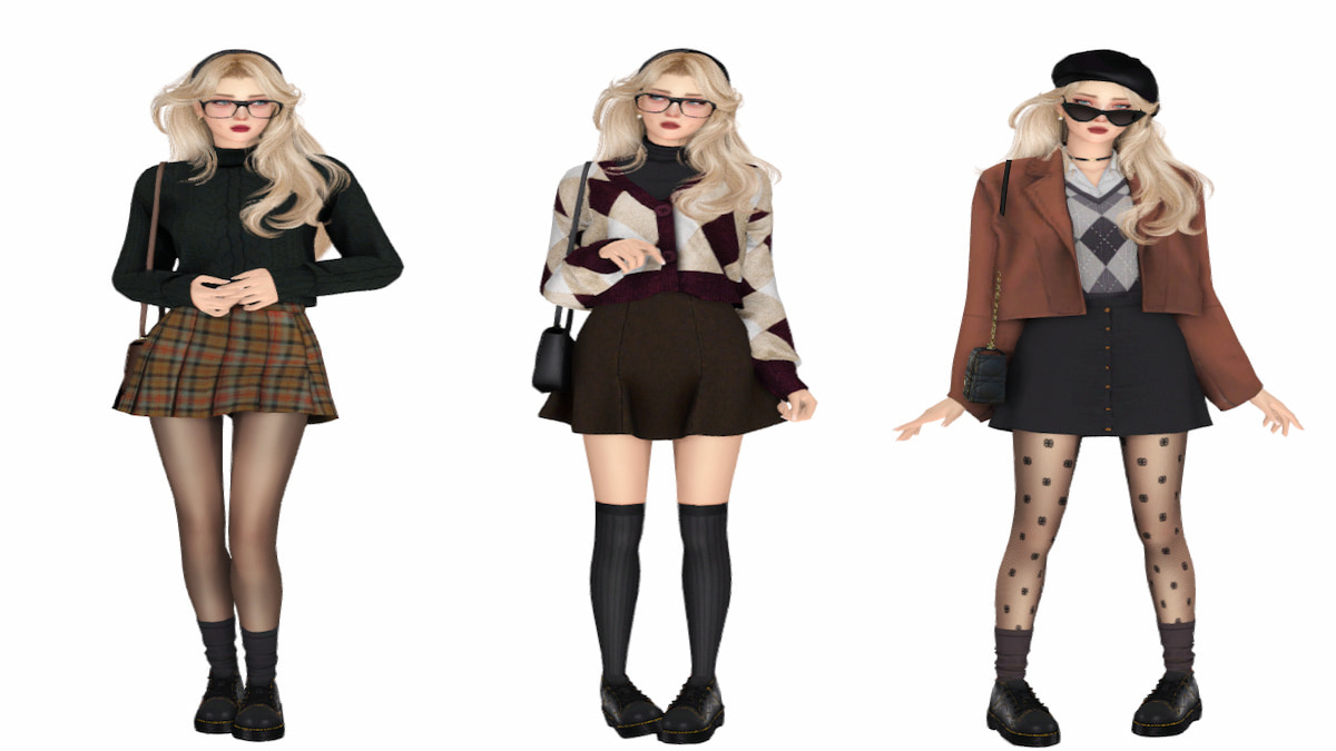 Trois Sims modèles portant des tenues Dark Academia