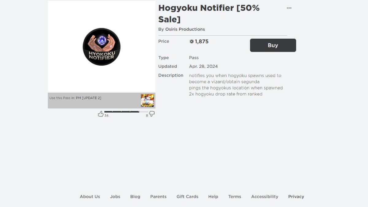 Page d'achat d'articles Hogyuku Notifire sur la plateforme Roblox