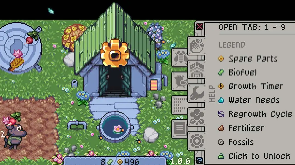 La ferme de Rusty avec un menu ouvert sur la droite montrant les symboles du jeu et leur signification.